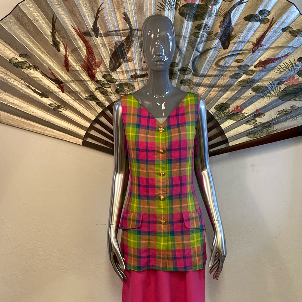 Plaid Linen Adrienne Vittadini Vest, S